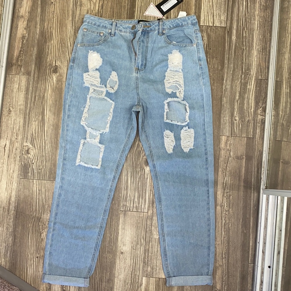 Pretty Little Thing light wash distressed mom jean